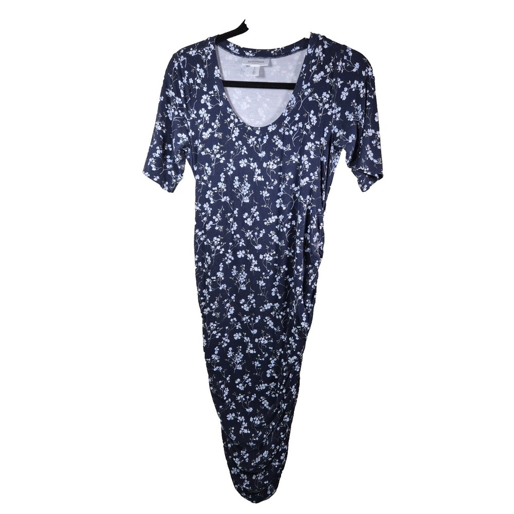 Motherhood Maternity Floral Side Ruched Dress Small Petite Blue Short Sleeve